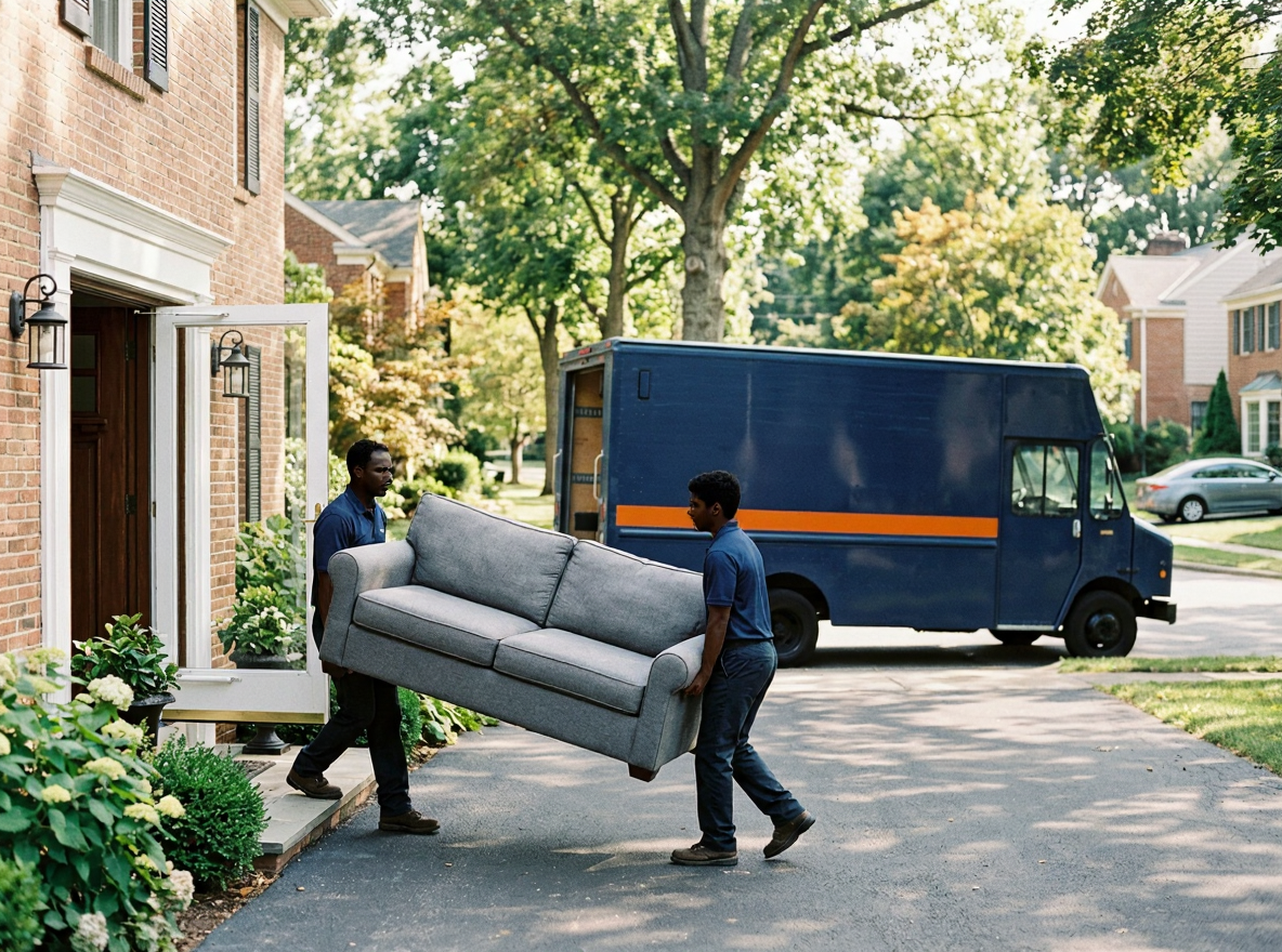 Ford's crew carrying a sofa out for furniture hauling
